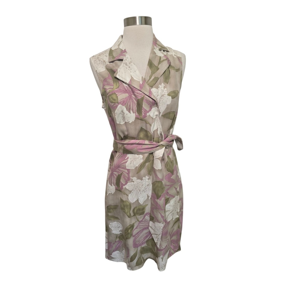 Kate Hill  Floral Wrap Dress Sleeveless Belted Womens 8 Petite 100% Silk